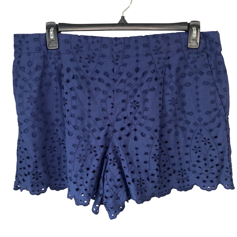Loft Navy Blue Eyelet Floral Scalloped Hem Shorts XL Elastic Back Pockets